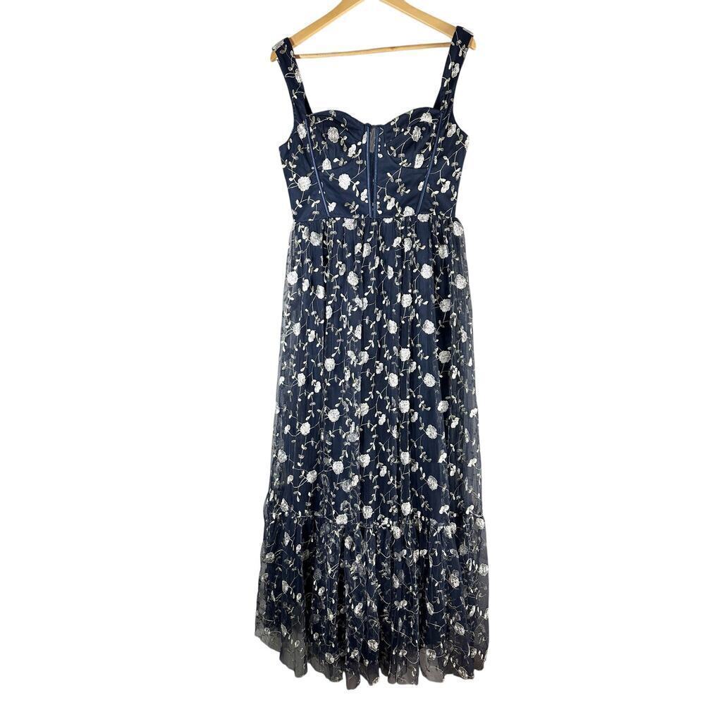 Lulus Gala Invite Navy Blue Embroidered Tulle Bustier Maxi Dress Large